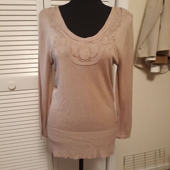 Kenar Long Sleeve Scoop Neck Top with Embroidered Trim Women's Sz M Tan on Tan - Picture 1 of 5